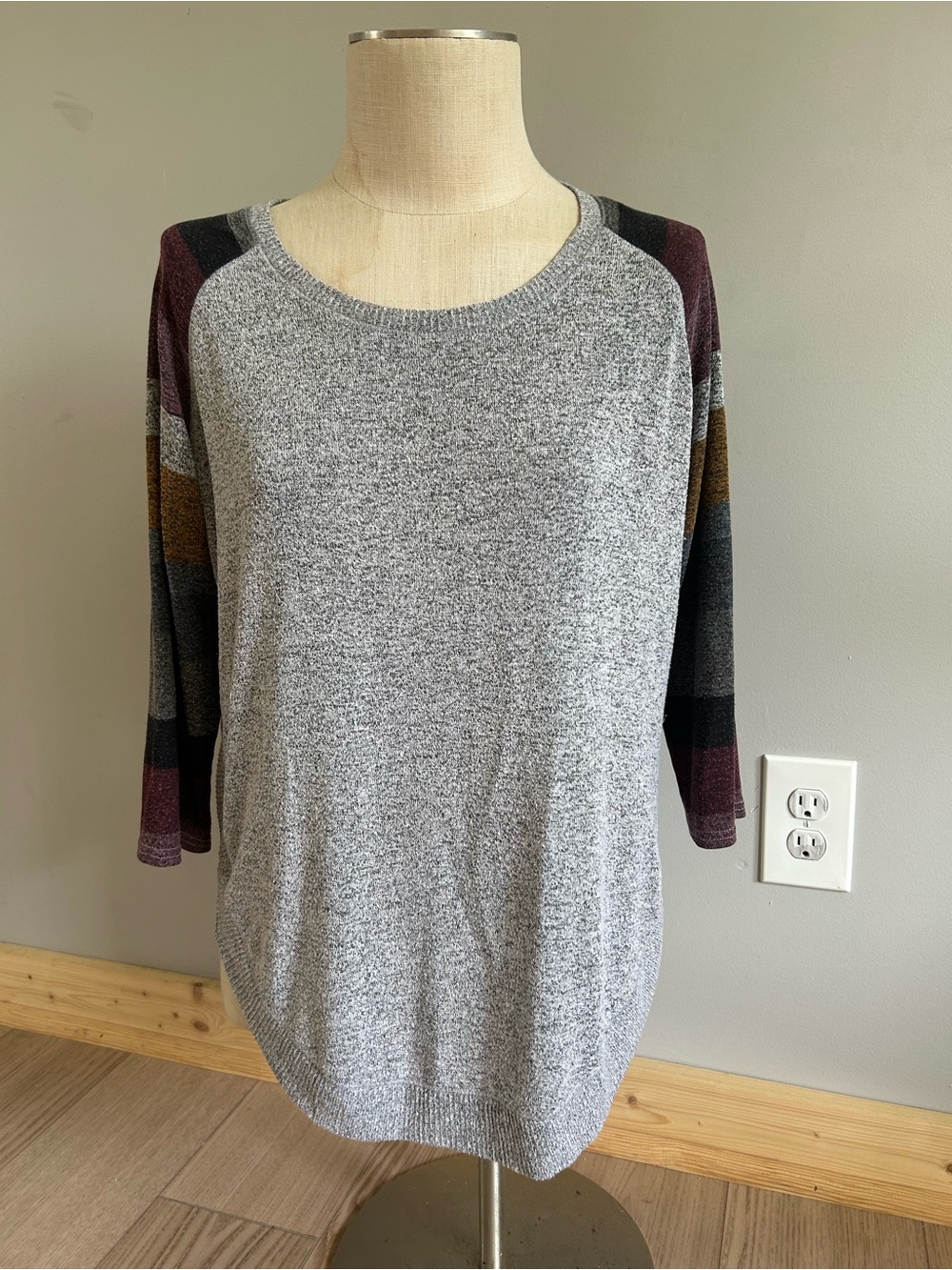 Maurices Gray Pullover with Striped Multicolor Raglan Sleeves